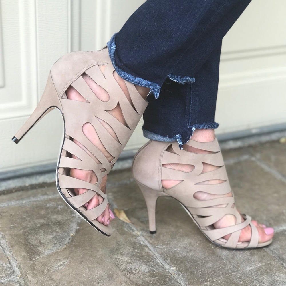 NIB Nubuck Leather Laser Cut Peep Toe Booties - Picture 2 of 5